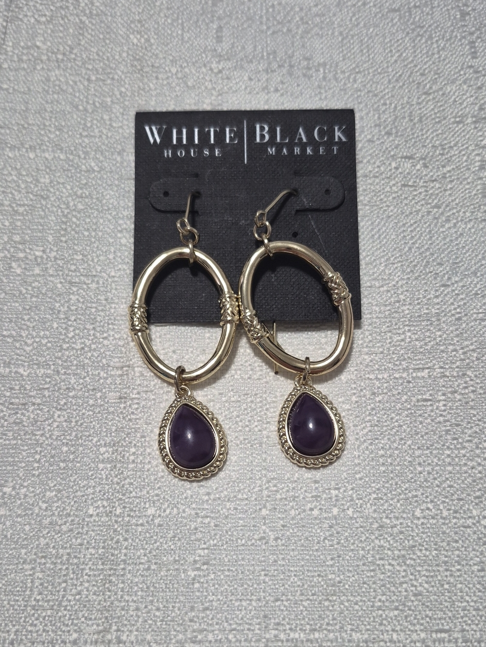 White House Black Market Gold Oval Hoop Earrings with Purple Teardrop Stones